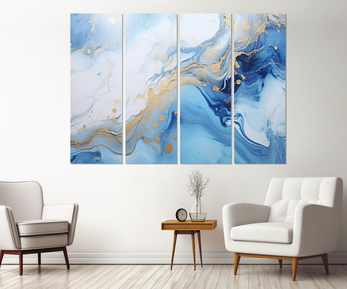 Blue White Marble Gold Veins Ocean Abstract Modern Luxury Poster - Image 2