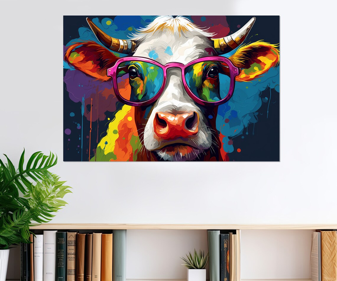 Colorful Cow Wearing Pink Glasses Fun Pop Art Animal Portrait Poster