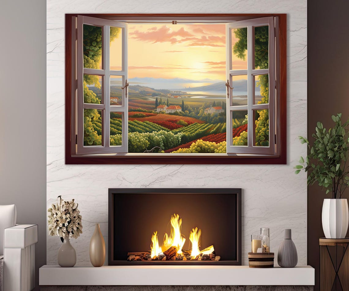 Open Window With Vineyards View Print Vineyard On Sunset Painting Wine Wall Art Winery Wall Decor Framed And Ready To Hang - Image 2