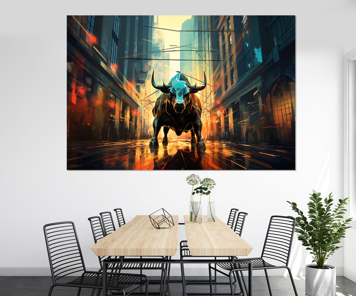 Charging Bull Wall Street City Street Golden Light Painting Poster