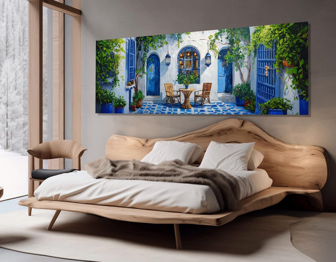 Moroccan Blue Doors Courtyard Cafe White Walls Painting Travel Poster - Image 2