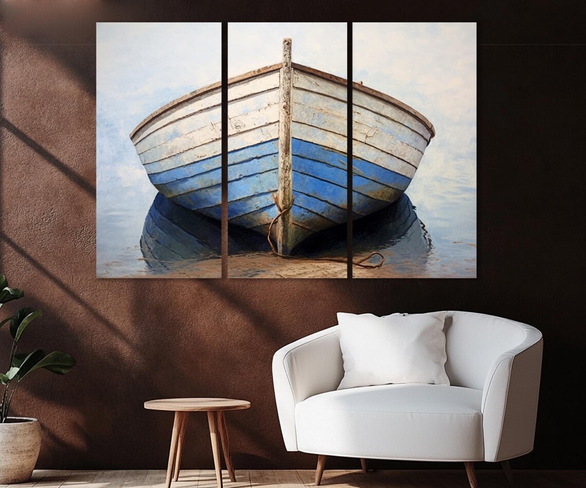 Old Blue Wooden Fishing Boat Weathered Hull Calm Water Art Poster - Image 4
