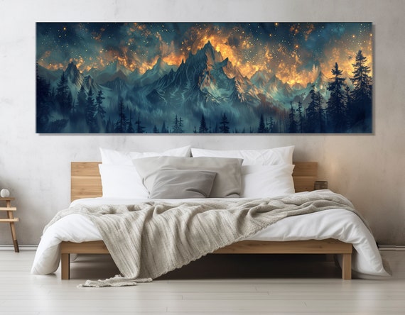 Majestic Mountains Painting Print Abstract Night Mountains Art Luxury Bedroom Wall Art Framed And Ready To Hang