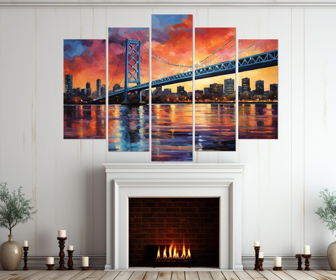 New Jersey Skyline Suspension Bridge Sunset River Abstract Art Poster - Image 3