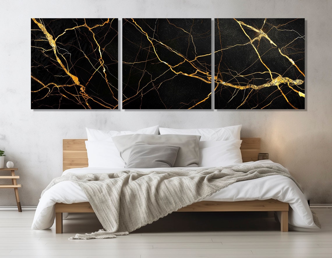 Black Marble Gold Veins Abstract Luxury Triptych Modern Wall Poster