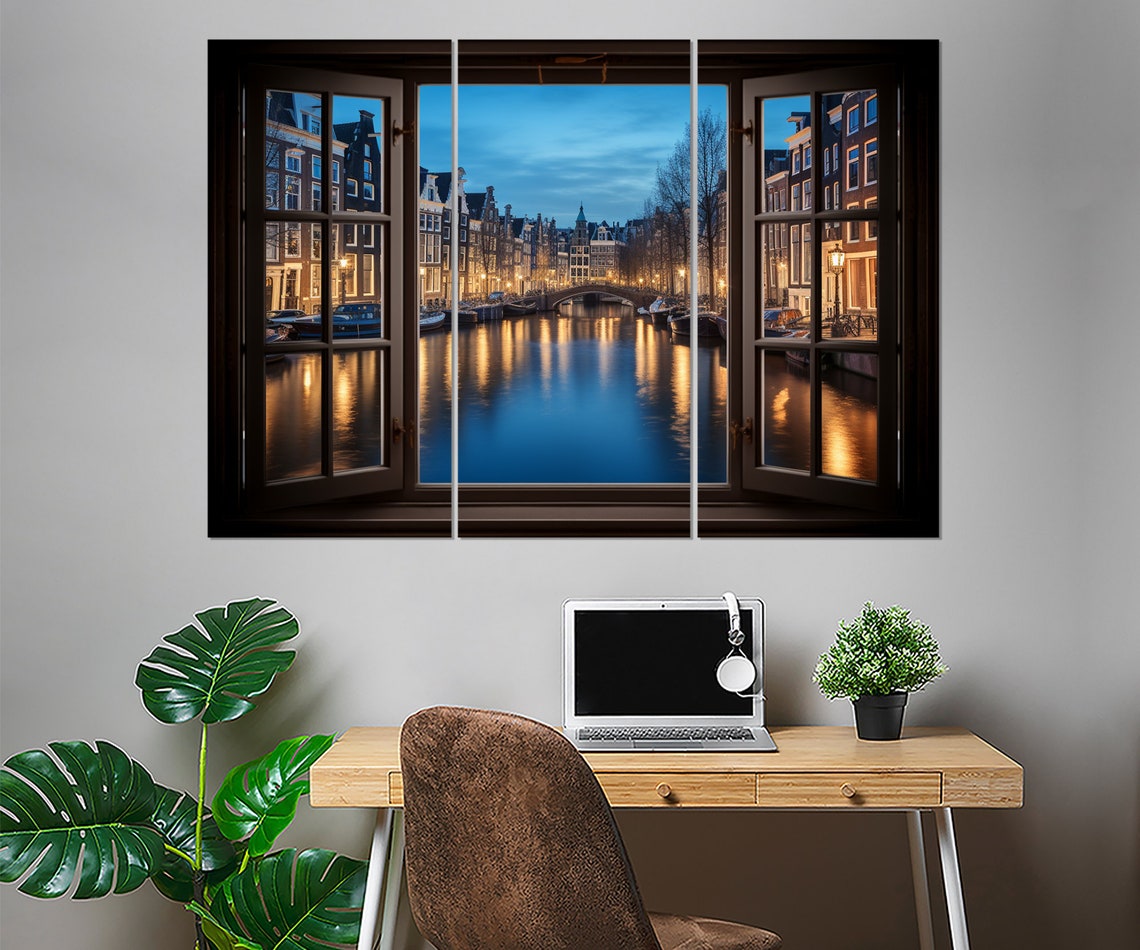 Amsterdam Canal Blue Hour Open Window Lit Houses Bridge View Poster - Image 2