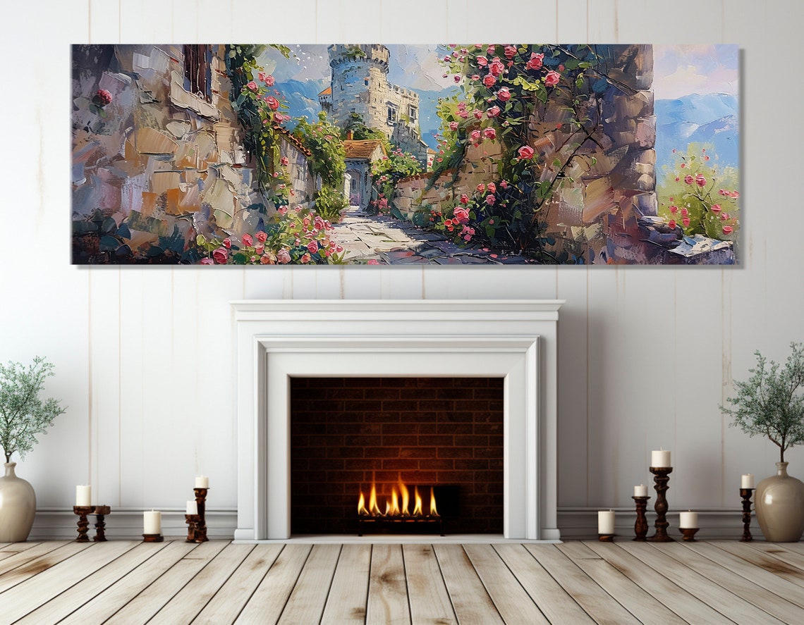 Old Stone Castle Rose Covered Cobblestone Lane Mountains Travel Poster