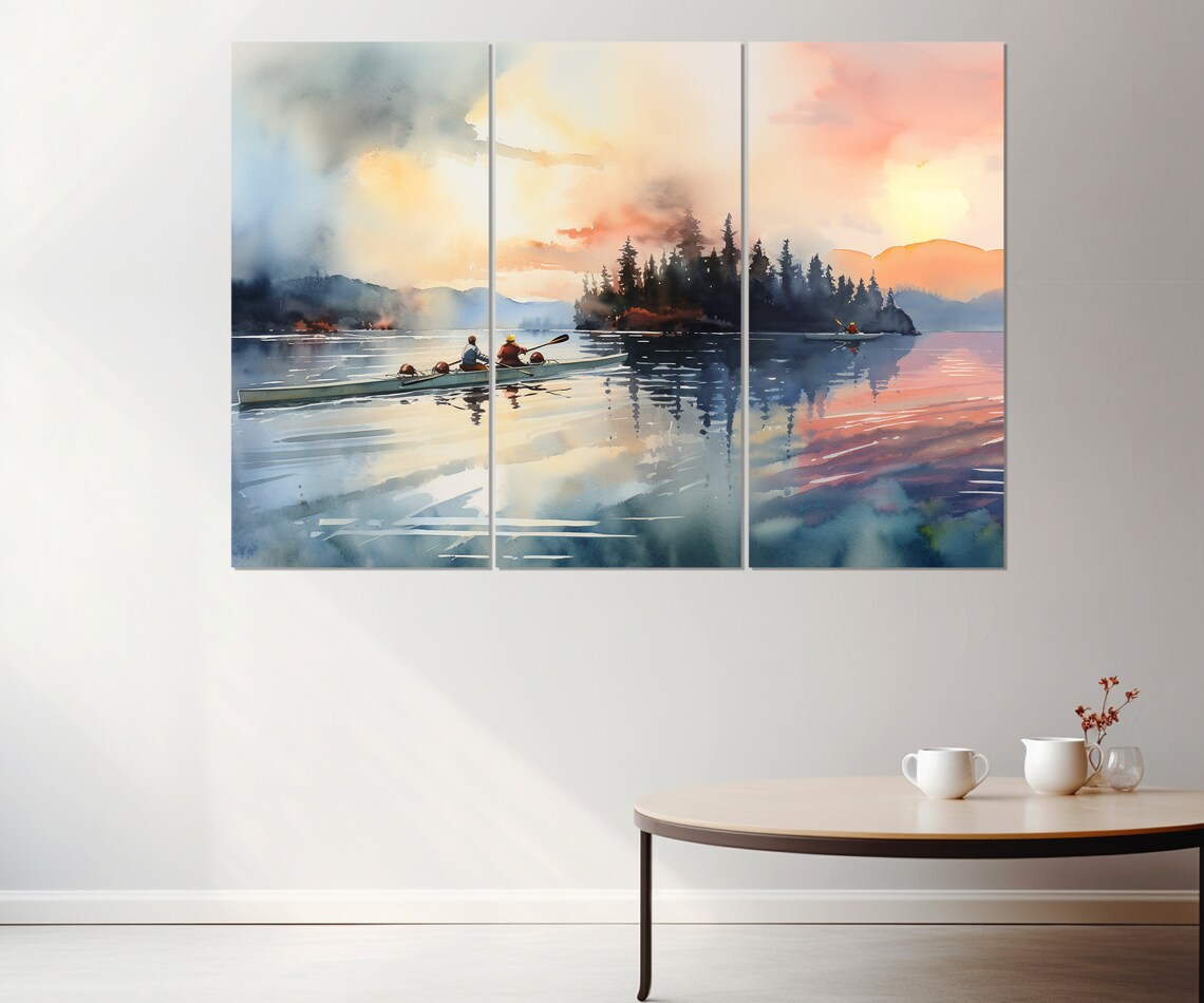 Rowers On A Misty Lake At Sunrise Watercolor Rowing Painting Poster - Image 2
