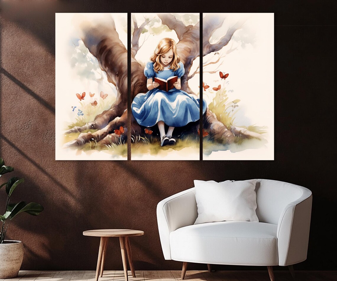 Alice in Wonderland Reading Book Under Tree Watercolor Kids Room Poster - Image 2
