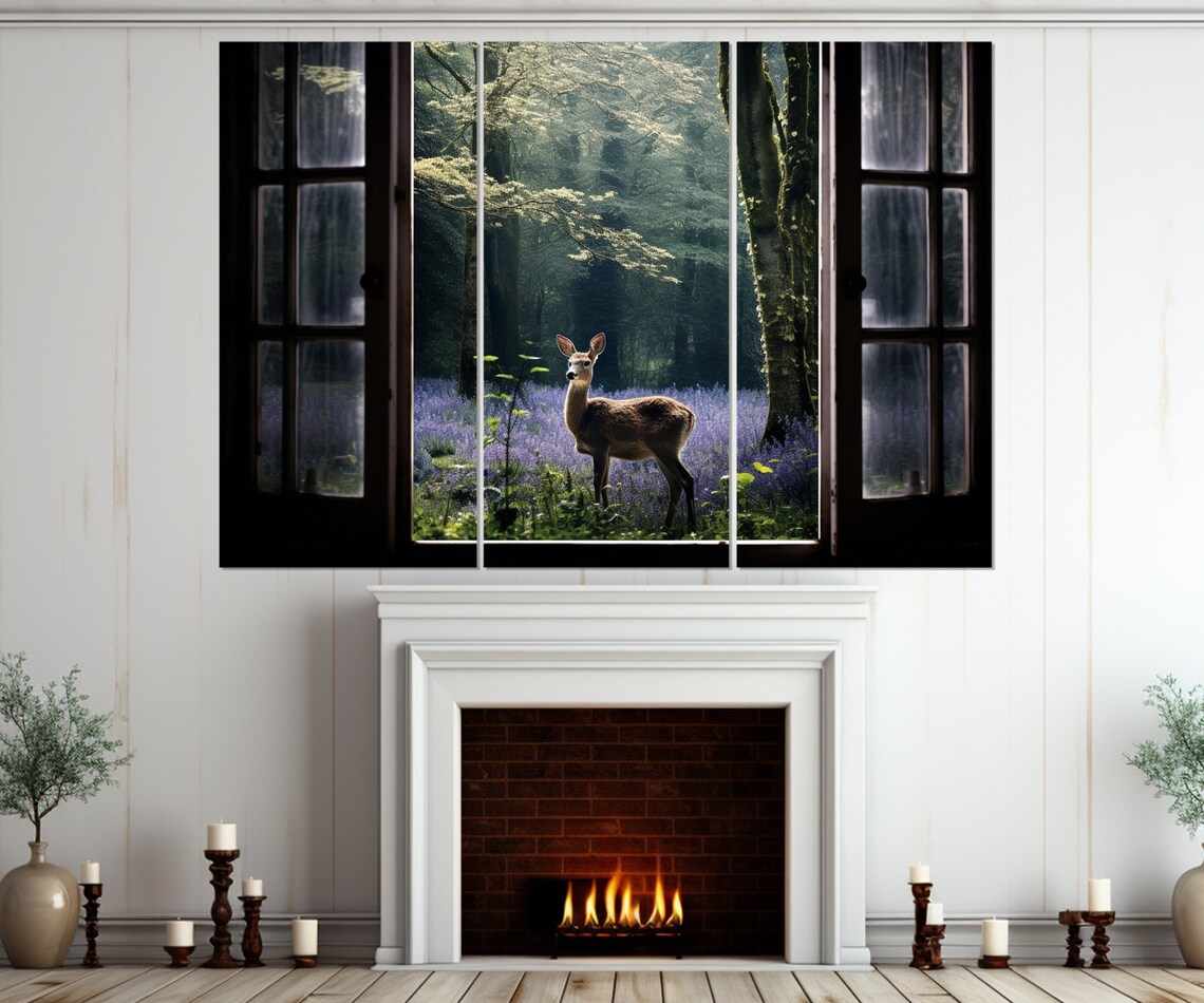 Deer In Wildflower Forest Faux Window View Nature Wildlife Scene Poster - Image 4