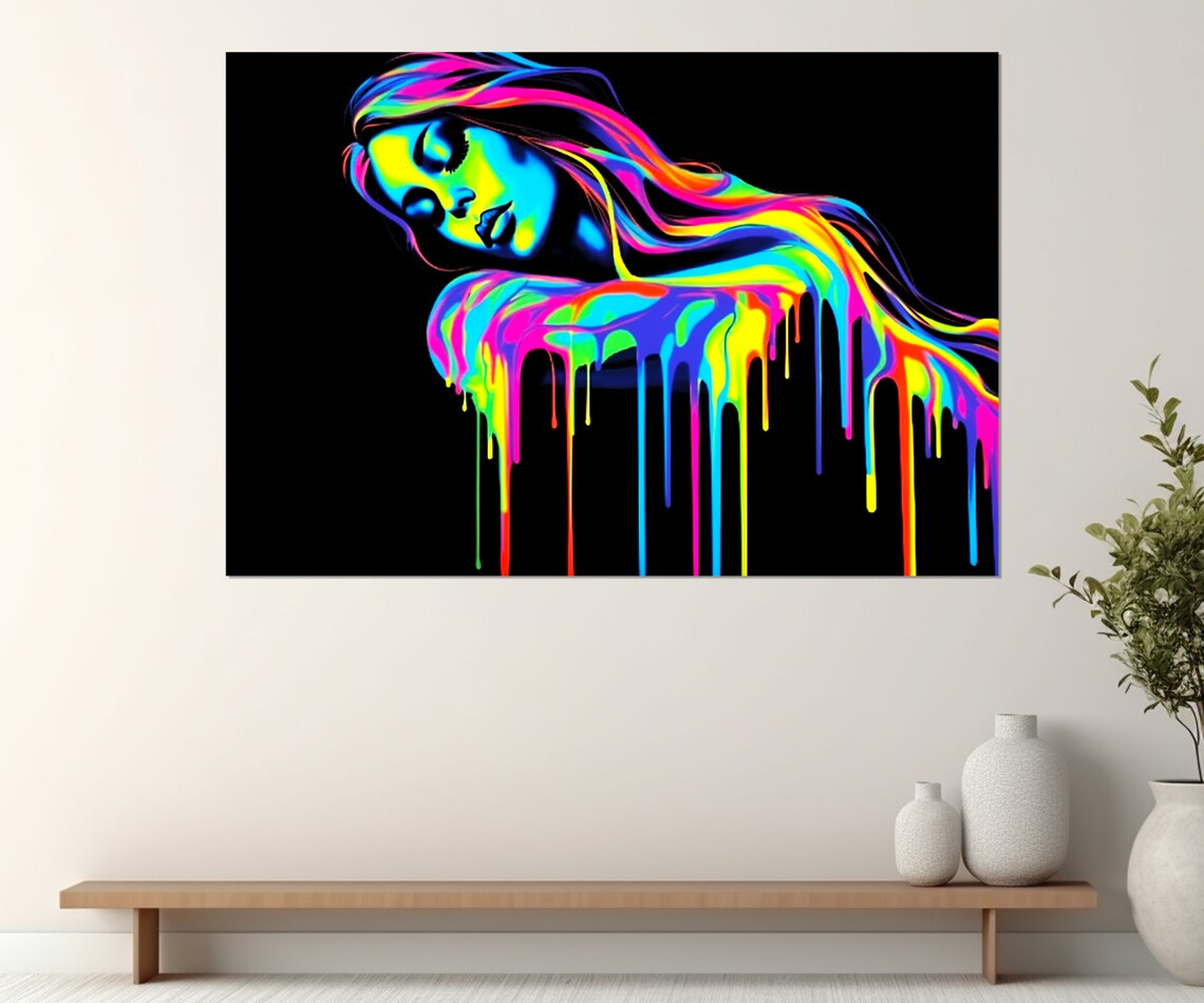 Neon Rainbow Woman Dripping Paint Colors Black Background Pop Art - Image 2