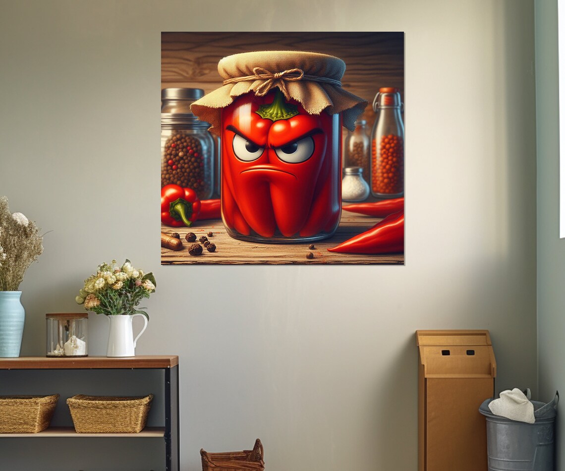 Angry Red Pepper Pickle Jar Rustic Kitchen Funny Wall Art Decor Print - Image 2