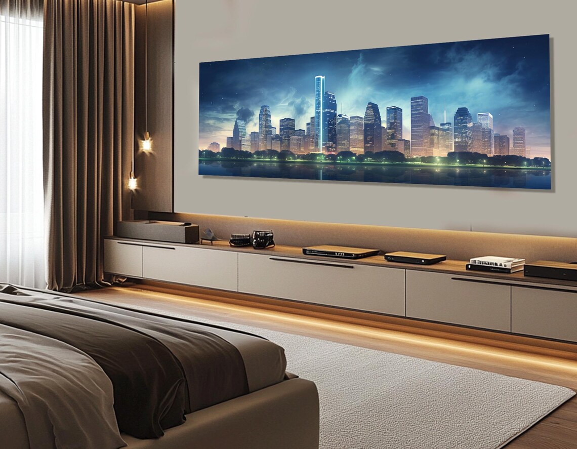 Houston Skyline Triptych At Dusk With Glowing City Lights Water Poster - Image 2