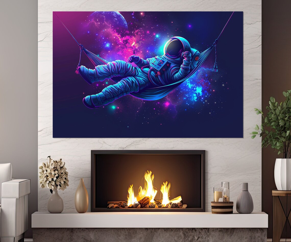 Astronaut Hammock Floating Neon Galaxy Cosmic Space Relaxation Art Poster