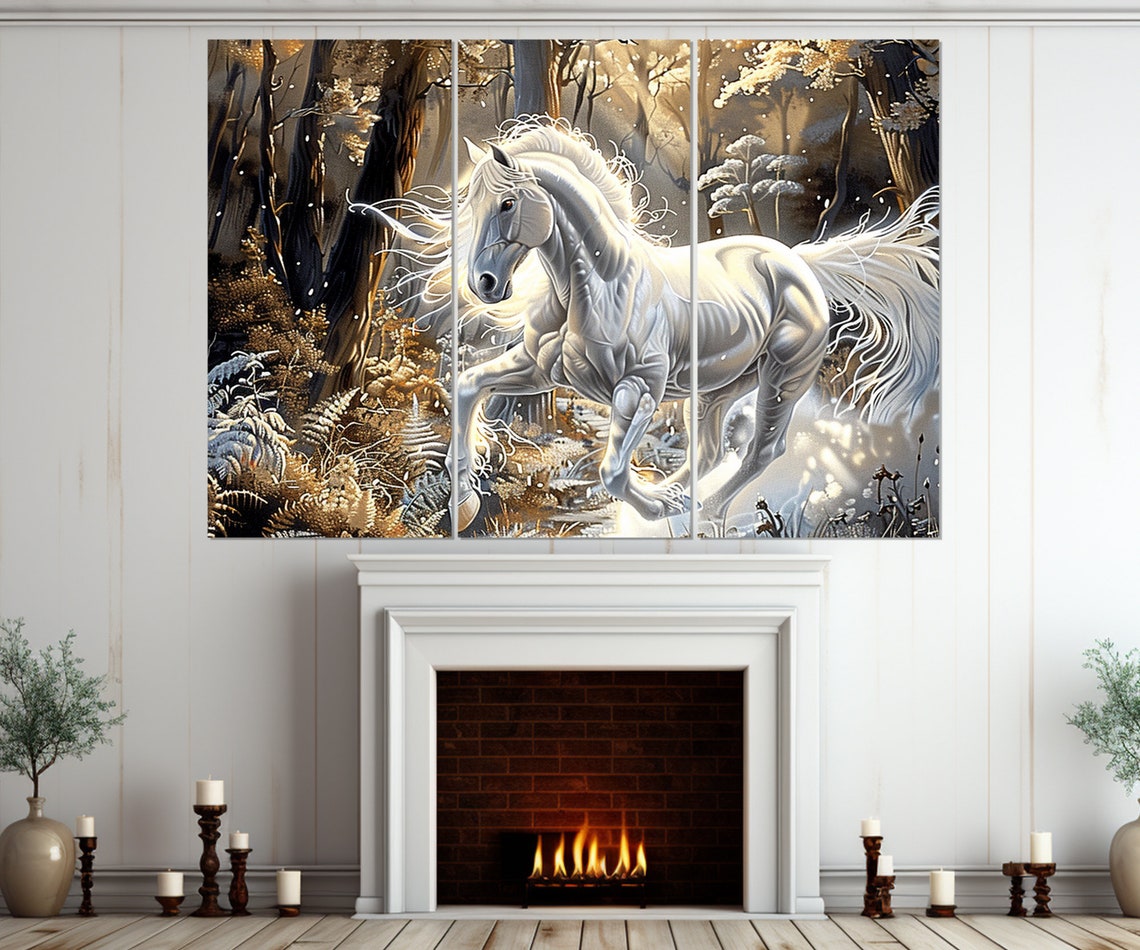 White Horse Galloping Golden Snowy Forest Fantasy Majestic Wall Art - Image 4