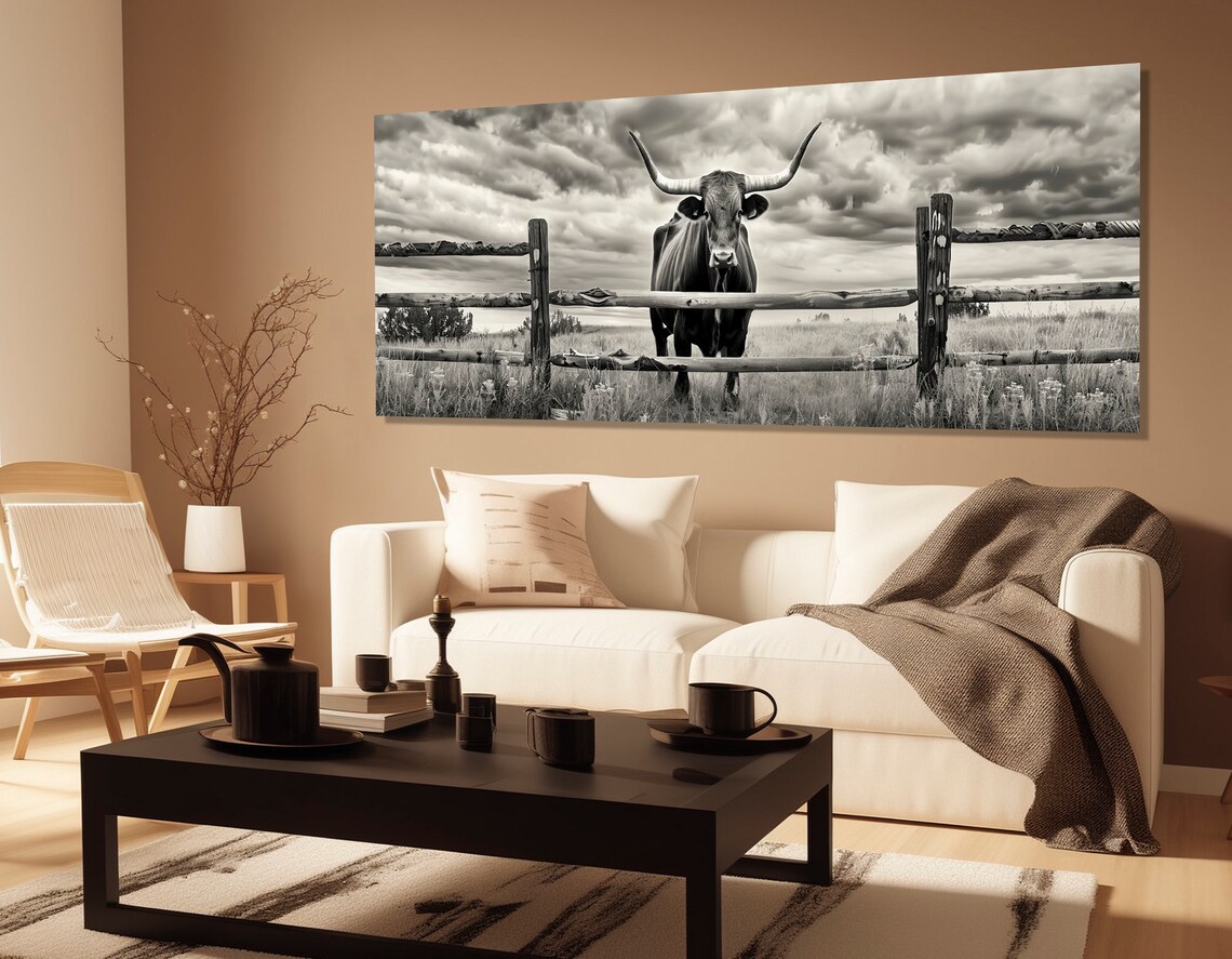 Texas Longhorn Bull Rustic Fence Stormy Sky Black White Farm Poster - Image 2
