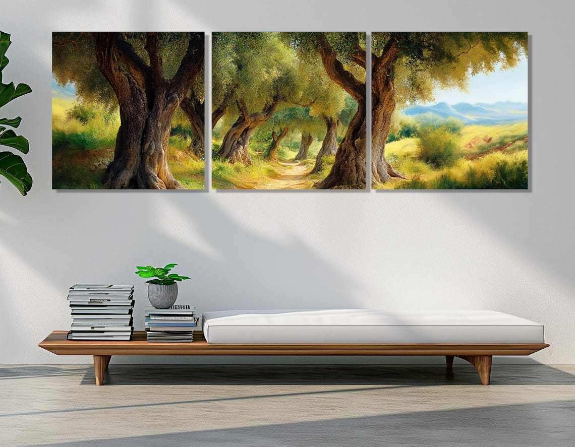 Majestic Ancient Olive Trees Green Meadow Path Panoramic Poster - Image 3