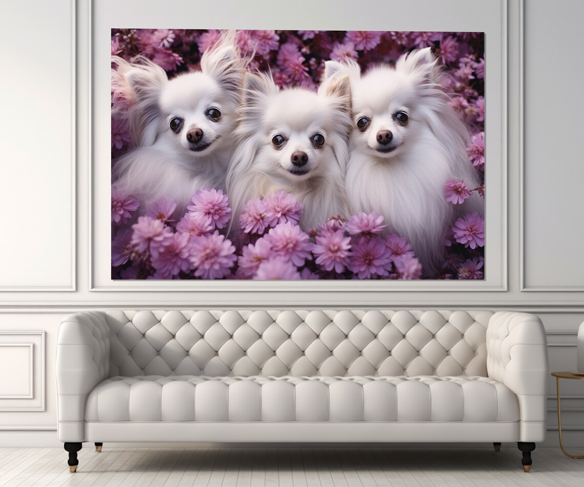 Three Cute White Fluffy Dogs In Pink Flowers Happy Puppy Poster - Image 4