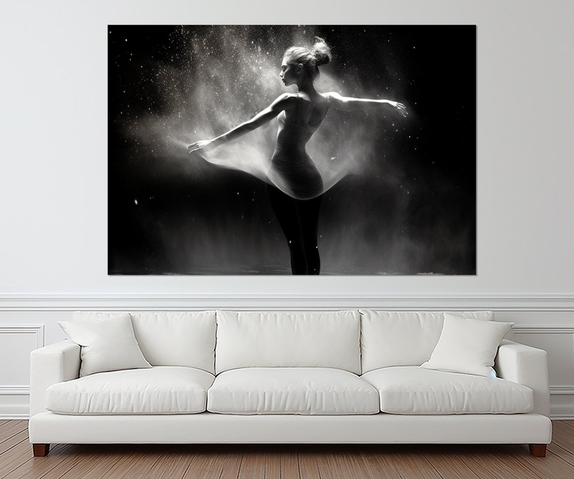 Ballet Dancer Silhouette Dust Swirl Dramatic Black White Art Print