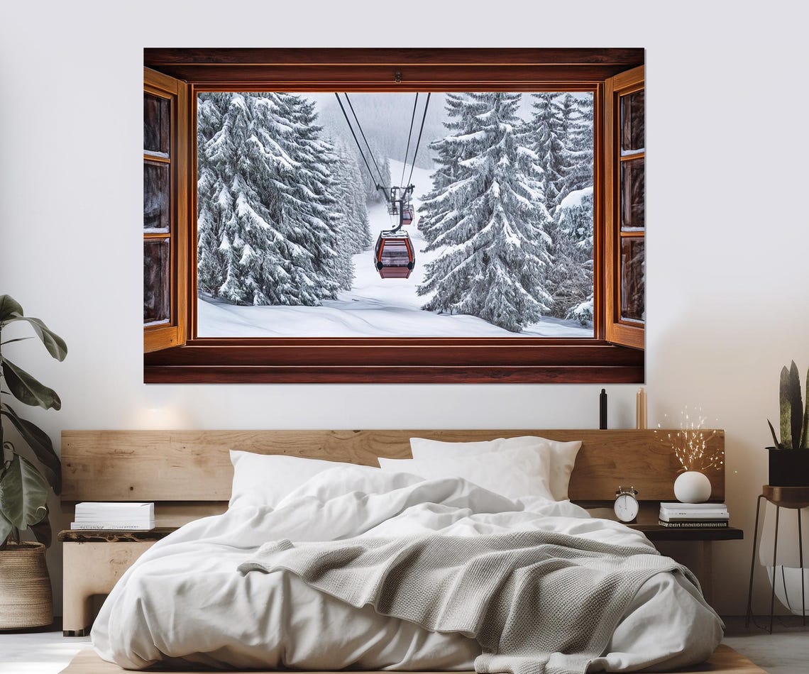 Winter Cable Car Faux Window Snowy Forest Mountain View Poster - Image 3