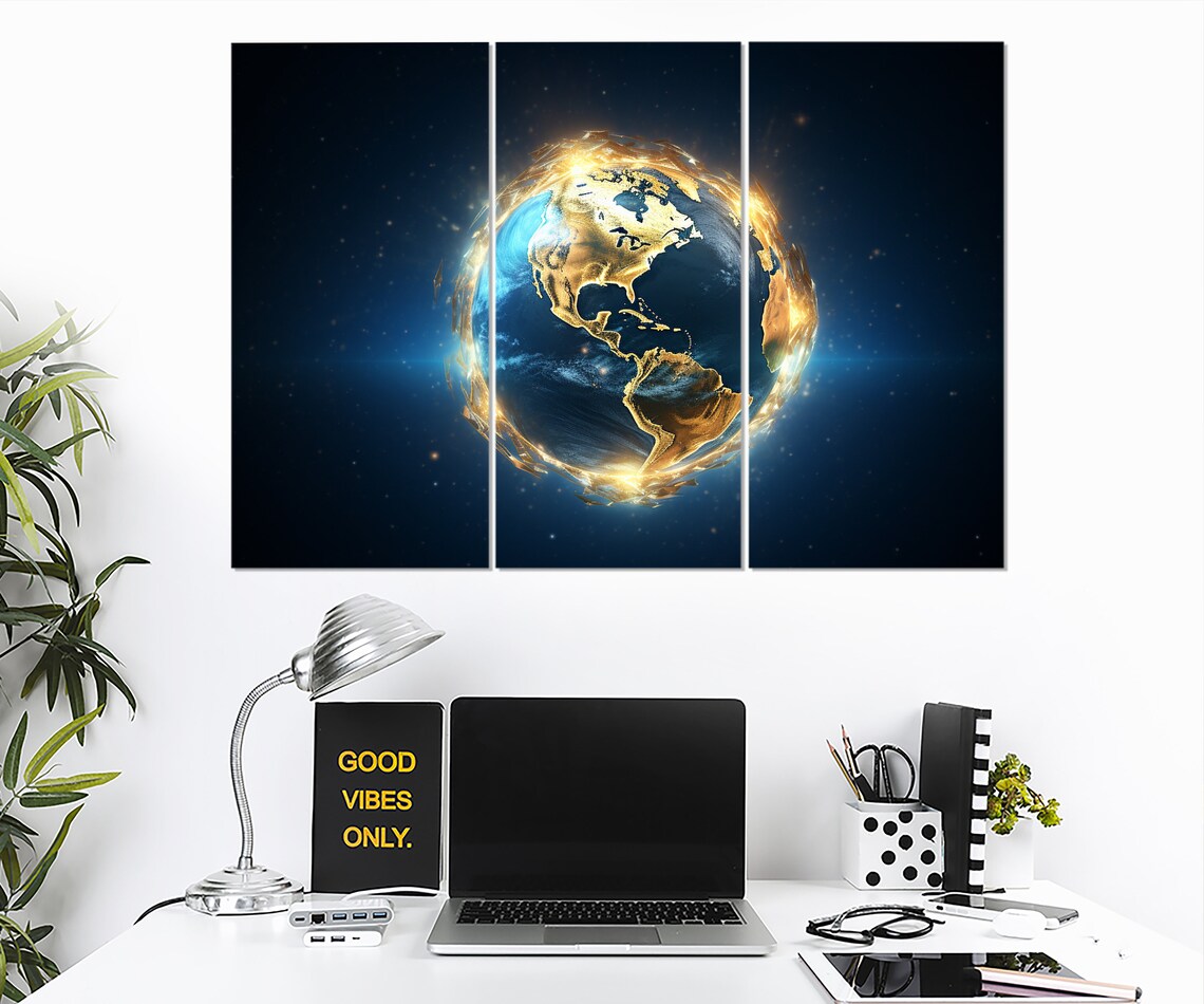 Golden Earth Globe Blue Marble Cosmic Starry Space Wall Art Print - Image 3