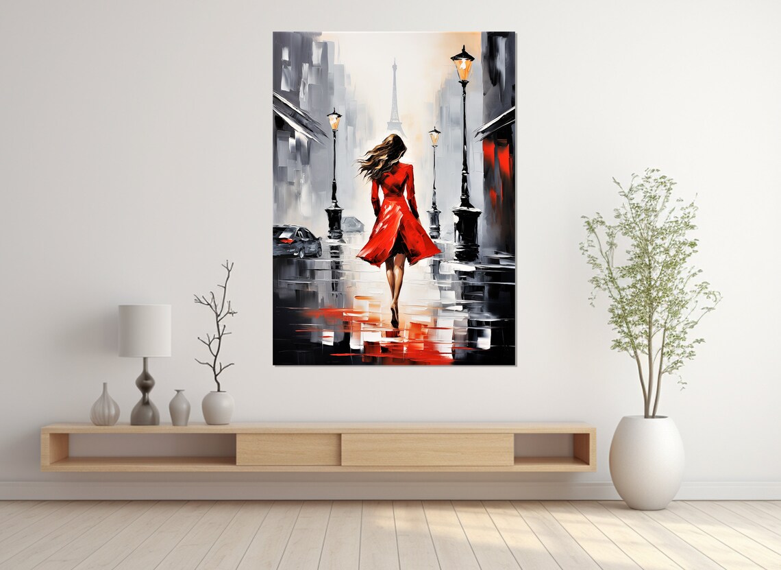 Paris Lady in Red Eiffel Tower Rainy Street Romantic Travel Poster - Image 4