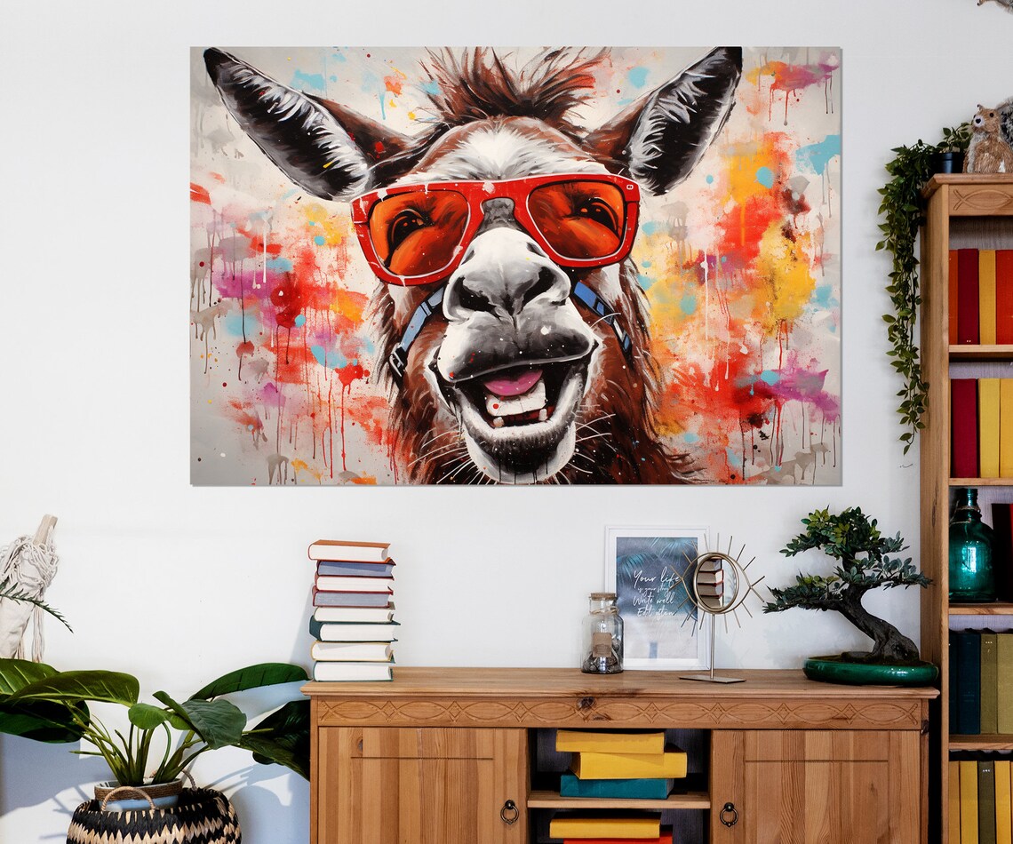 Smiling Donkey Wearing Red Sunglasses With Paint Splashes Poster - Image 2
