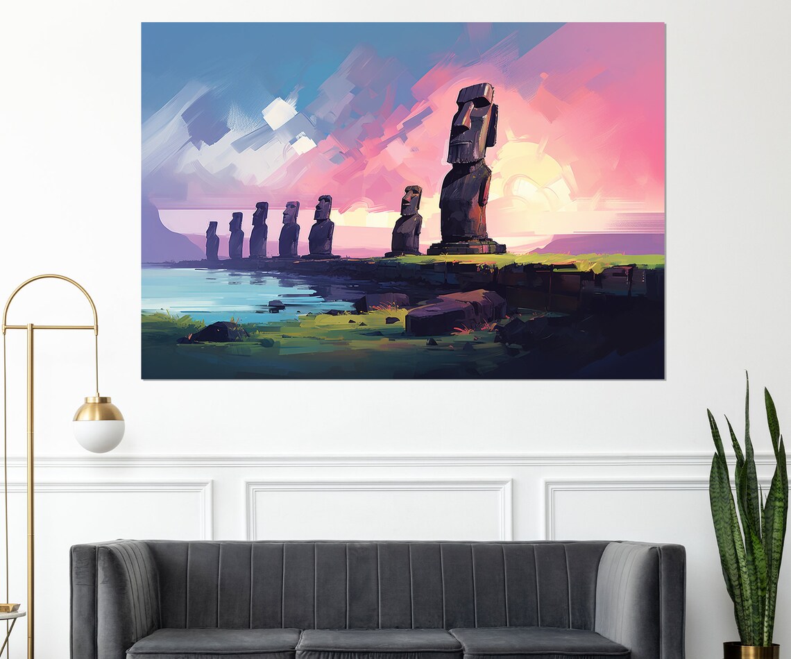 Easter Island Moai Statues Sunset Ocean Rapa Nui Painting Poster