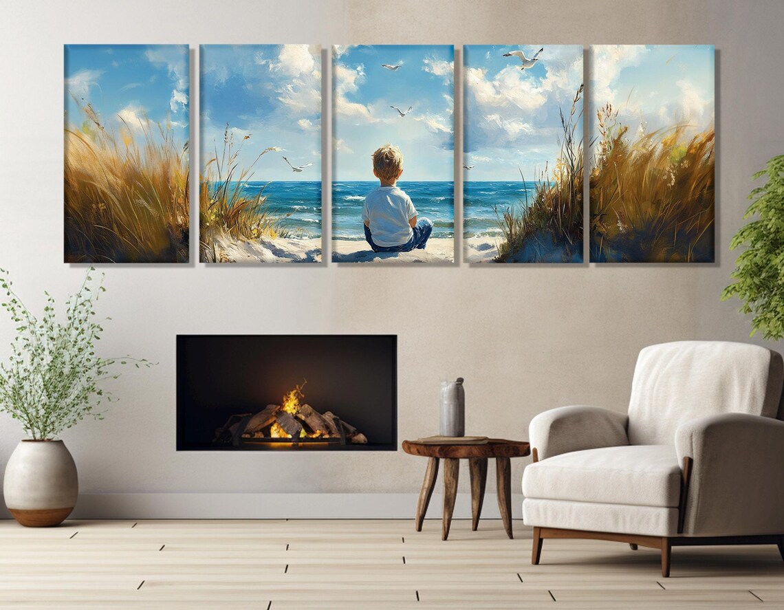 Little Boy On Beach Seaside Grass Coastal Painting Travel Wall Poster - Image 3