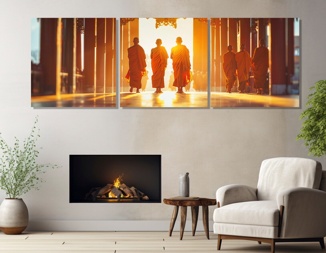 Buddhist Monks Walking Temple Golden Light Triptych Spiritual Poster