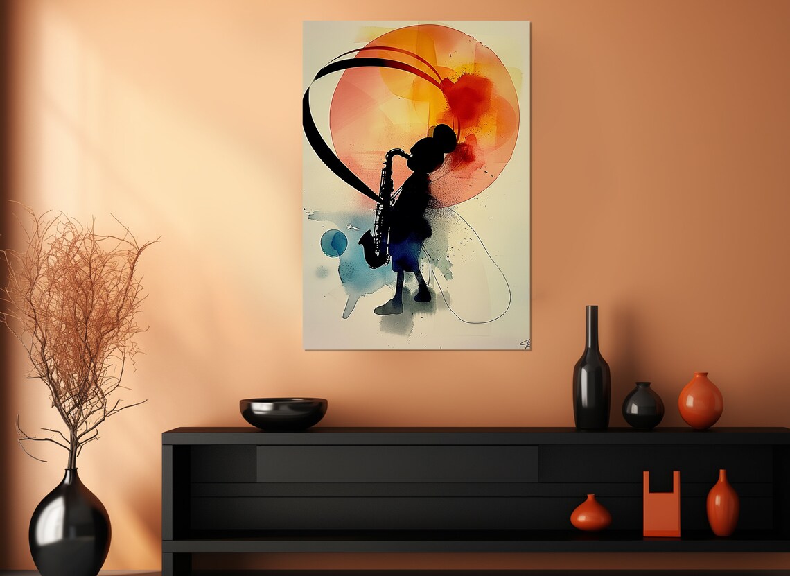 Jazz Saxophonist Silhouette Orange Sun Abstract Watercolor Music Wall Art Print - Image 2