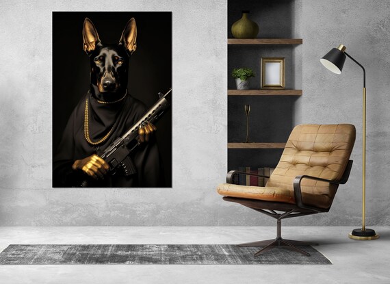 Doberman With Rifle Print Doberman Gangster Poster Abstract Criminal Wall Decor Doberman Owner Gift Framed And Ready To Hang
