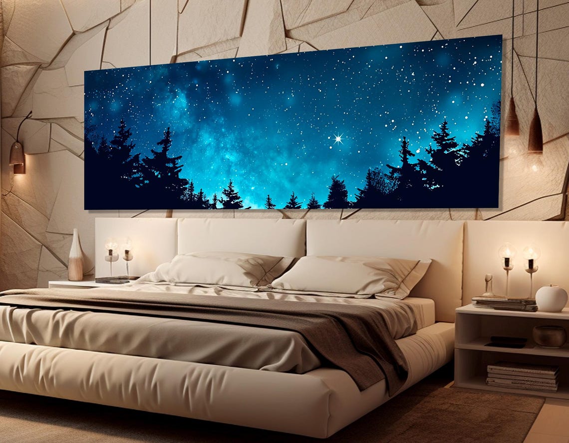 Starry Night Sky Over Pine Forest Silhouette Blue Panoramic Poster