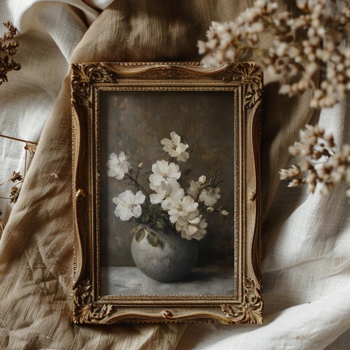 White Blossoms In Gray Vase Moody Vintage Floral Still Life Poster