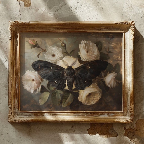 Moth Print Dark Cottagecore Wall Art Dark Botanical Prints Farmhouse Wall Art Vintage Oil Painting Instant Vintage Butterfly Print