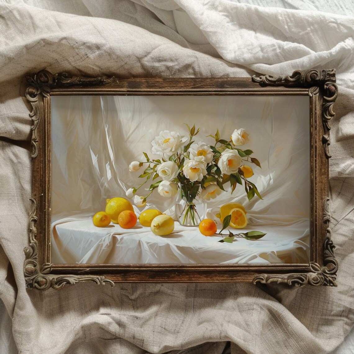 White Peonies With Lemons and Oranges Bright Summer Floral Poster