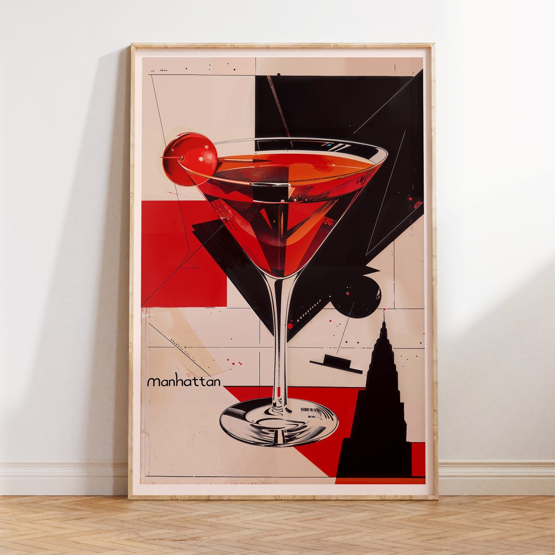 Manhattan Cocktail Art Deco Red Black Geometric Vintage Bar Poster