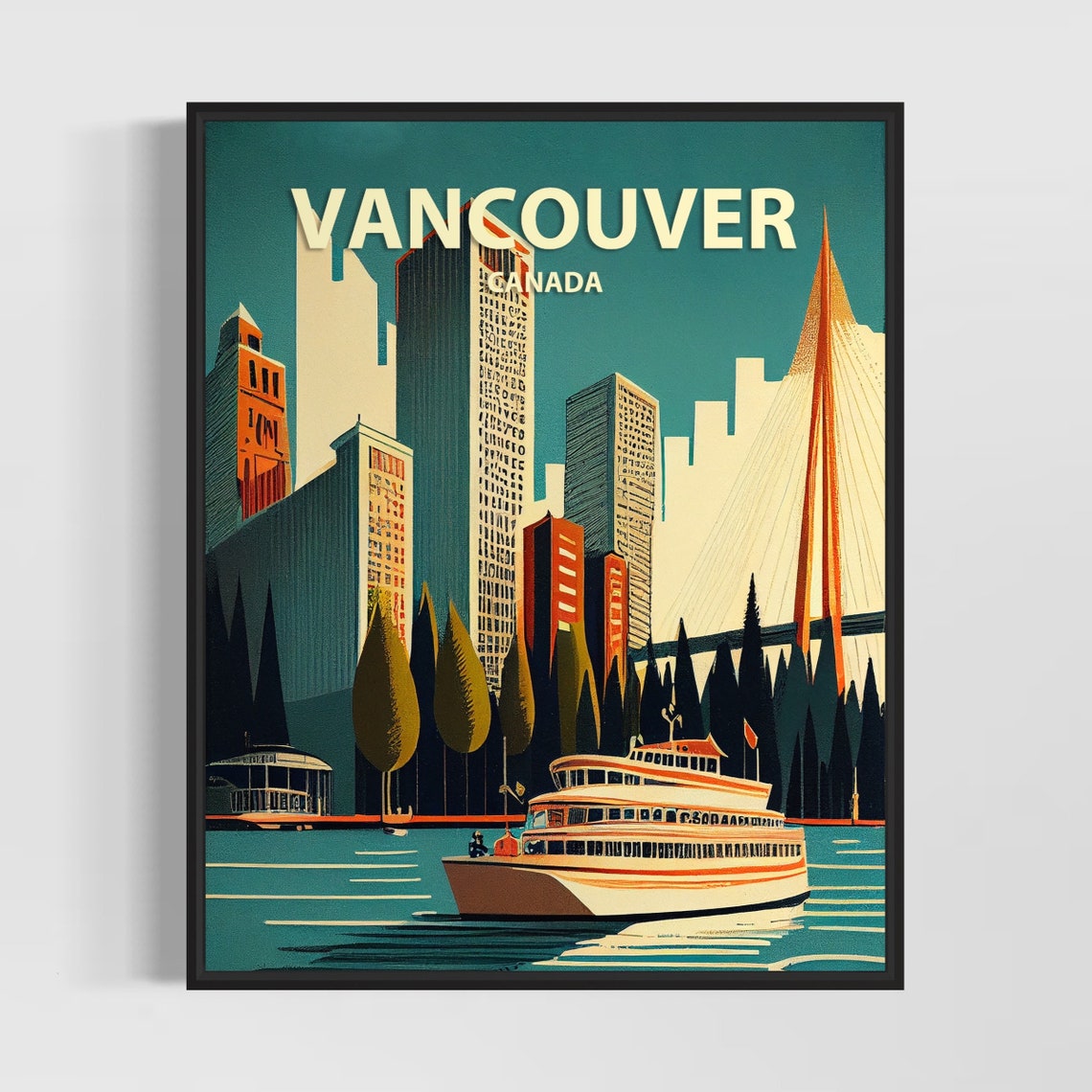 Vancouver Canada Retro City Skyline With Ferry Travel Poster