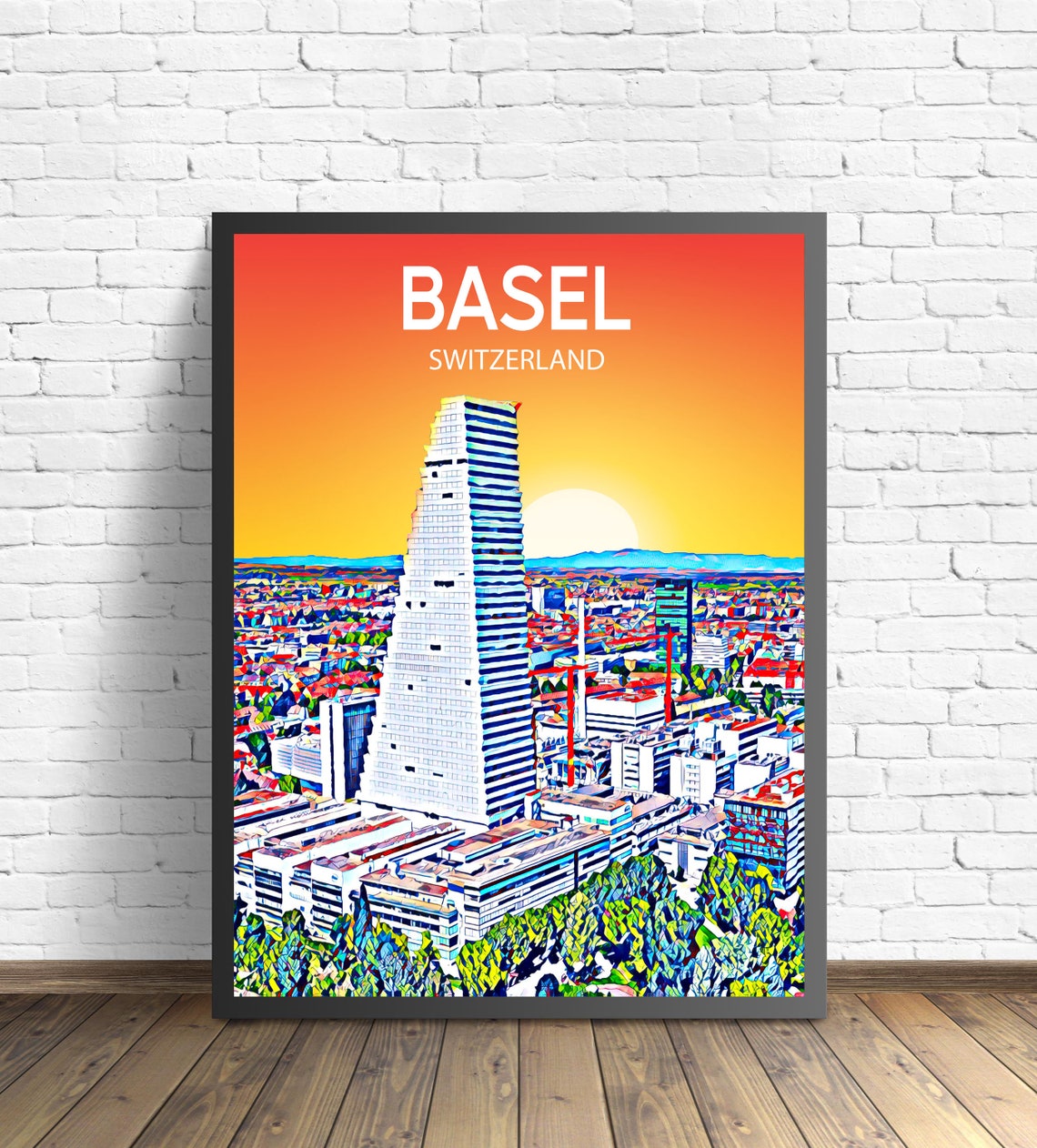 Basel Switzerland Sunset Skyline Roche Tower Travel Poster Art
