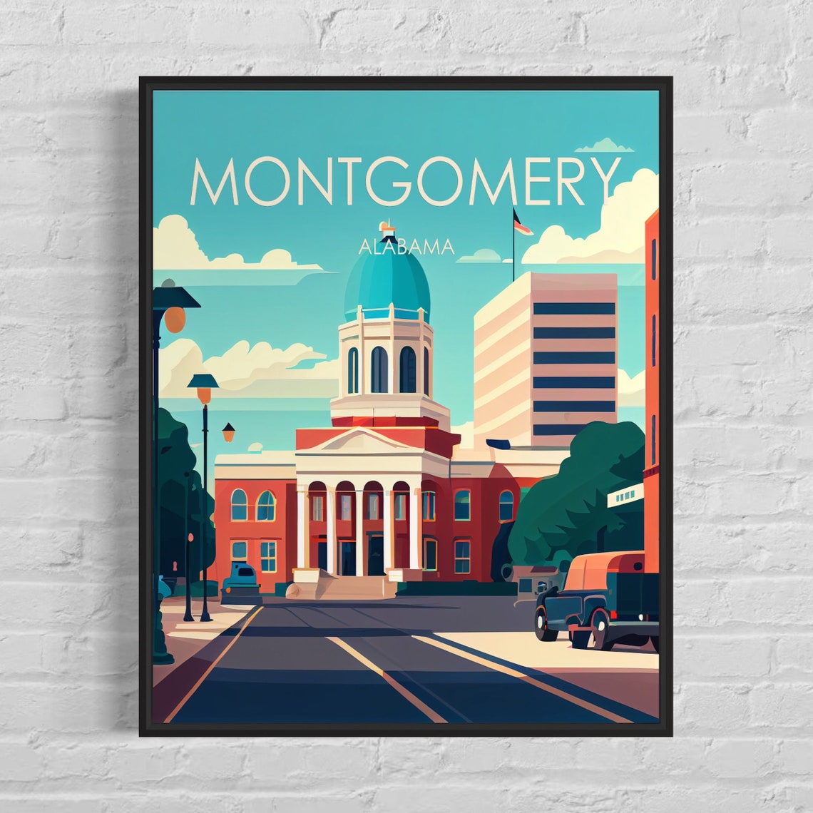 Montgomery Alabama Vintage Retro Courthouse Classic Car Travel Poster