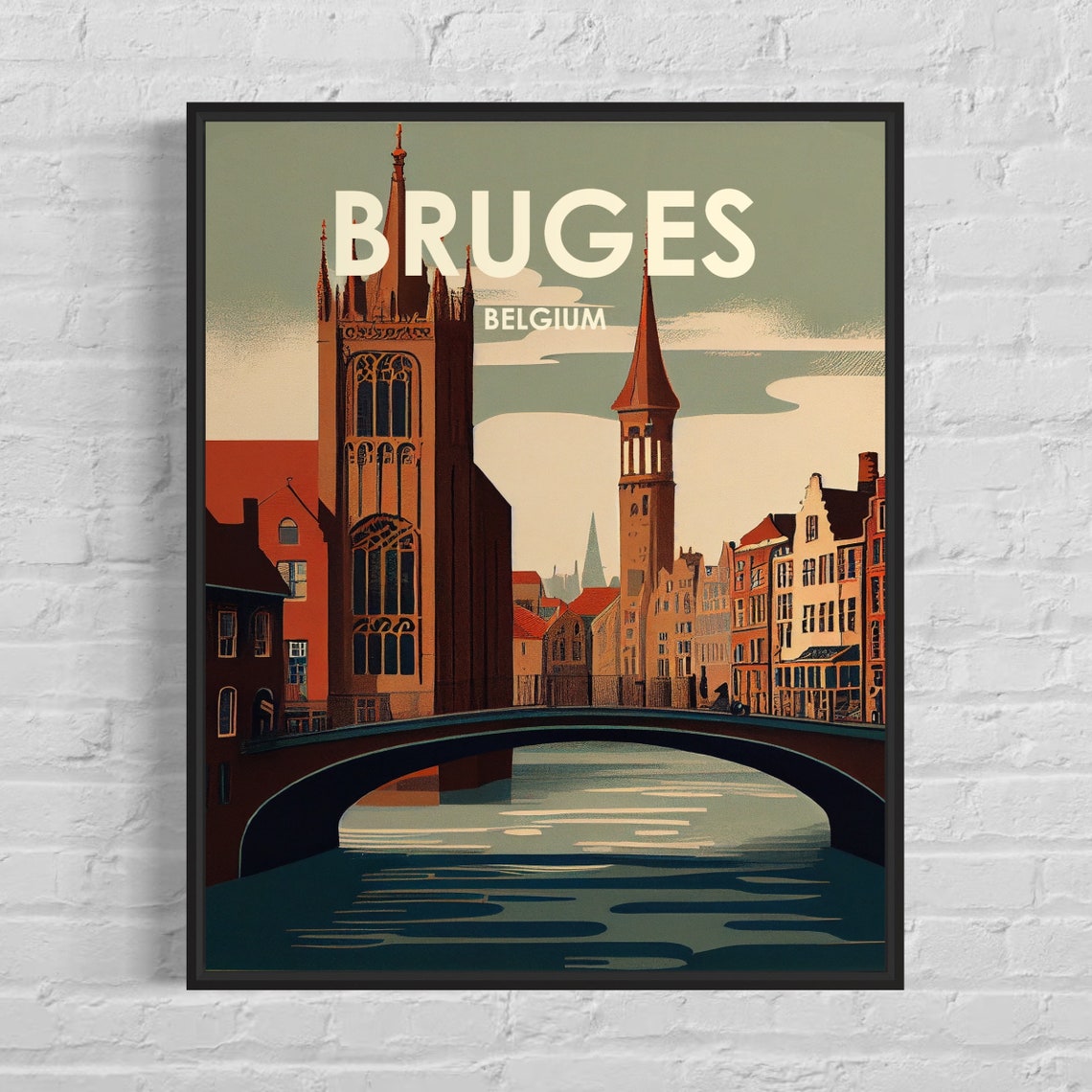 Bruges Belgium Medieval Canal Bridge Gothic Towers Retro Travel Poster