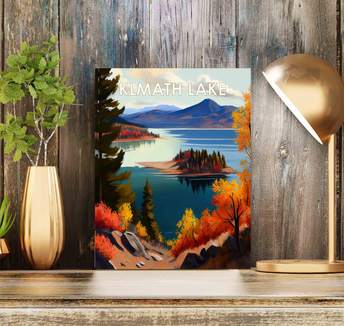 Klamath Lake Oregon Autumn Shoreline Vintage Landscape Painting Poster - Image 2