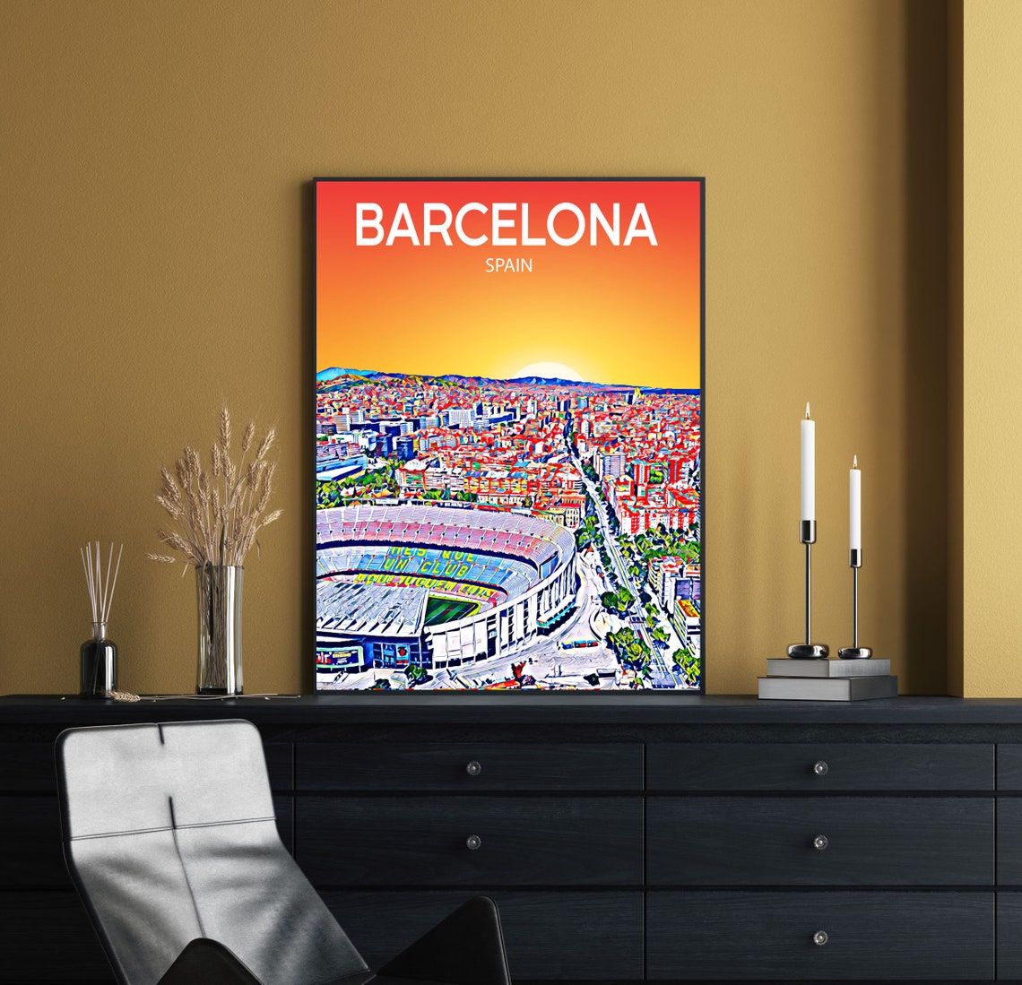 Barcelona Spain Camp Nou Stadium Sunset Skyline Poster Art Gift - Image 2
