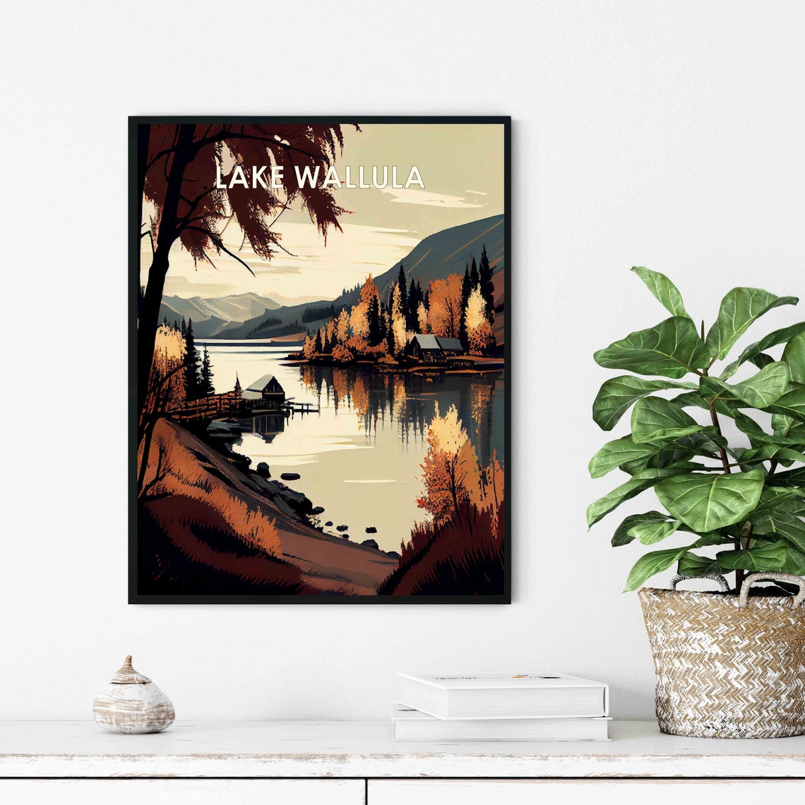 Lake Wallula Oregon Retro Poster with a Boathouse and Mountain Lake - Image 3