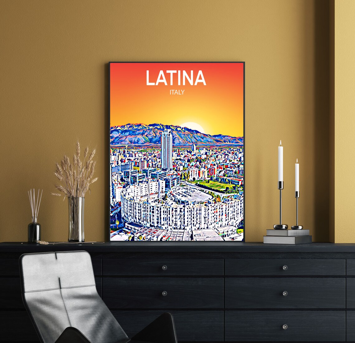 Latina Italy Sunset Skyline Vibrant Mosaic Cityscape Art Poster - Image 2