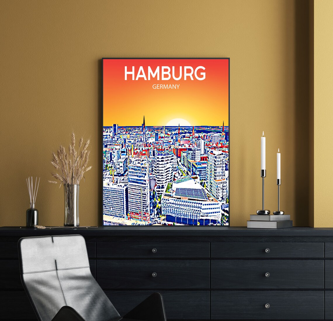 Hamburg Germany Fiery Orange Sunset City Spires Skyline Art Poster - Image 2