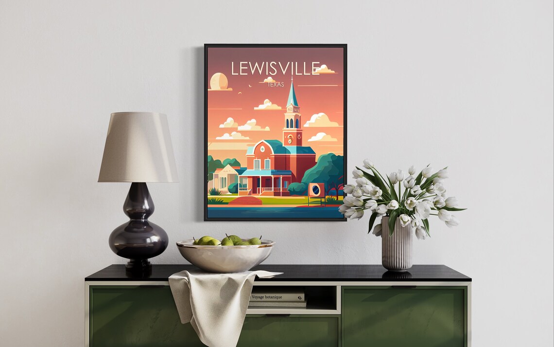 Lewisville Texas Sunset Church Steeple Retro Travel Art Poster - Image 2