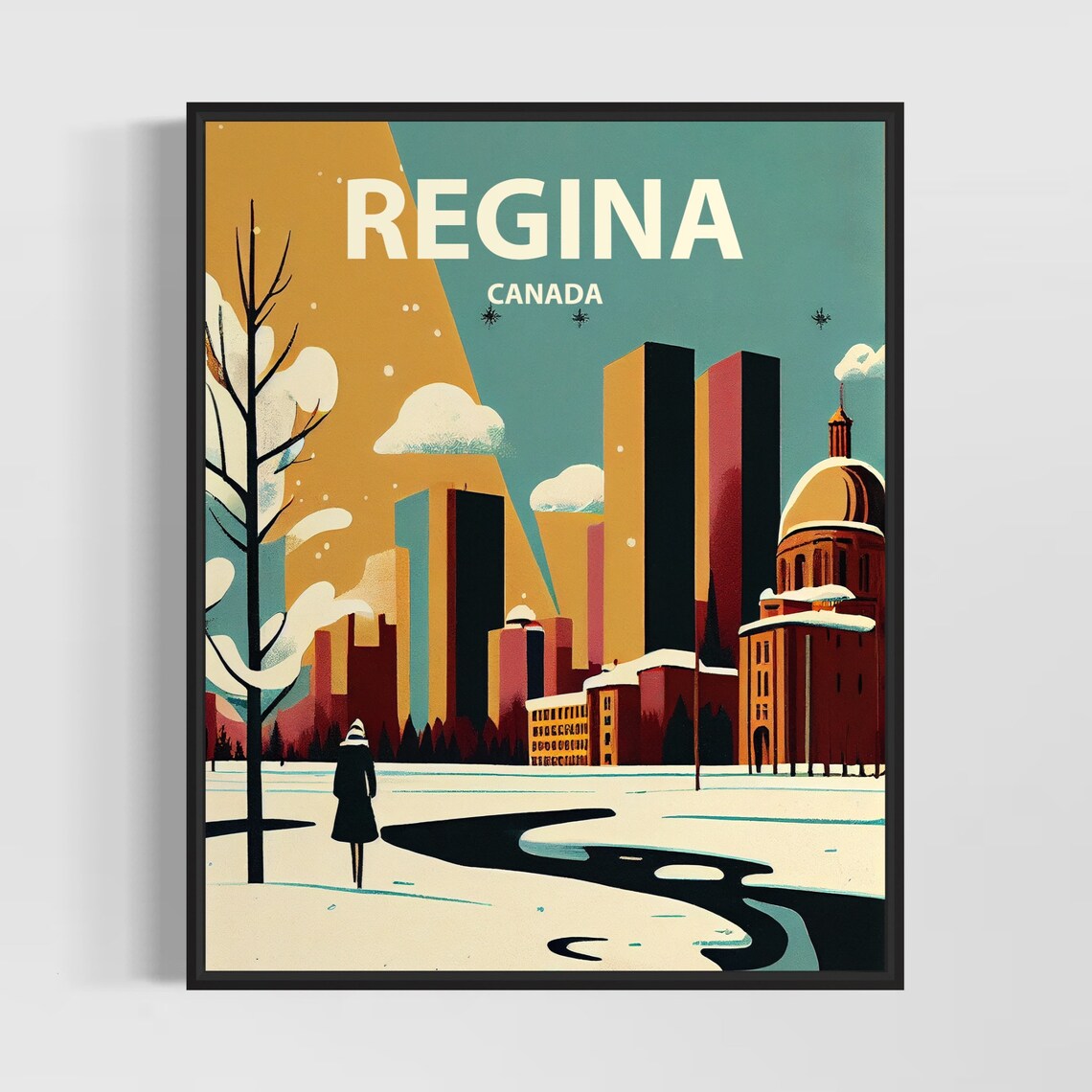 Vintage Regina Canada Winter Snowfall City Skyline Travel Poster