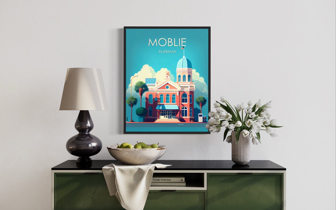 Mobile Alabama Historic Courthouse Building Retro Art Poster - Image 3
