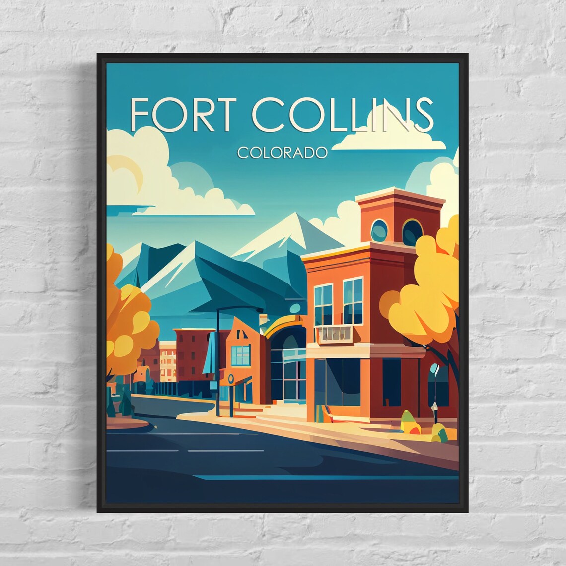 Fort Collins Colorado Retro Downtown Rocky Mountain View Poster